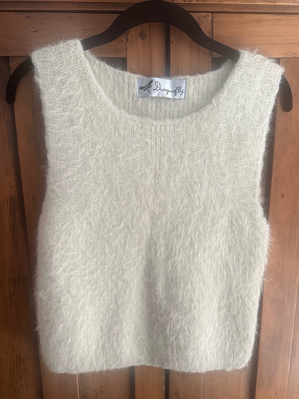 Dragonfly Cream Fuzzy Sleeveless Crewneck Sweater Vest